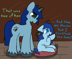 Size: 467x383 | Tagged: safe, artist:castafae, oc, oc only, oc:babbling brook, earth pony, pony, unicorn, blushing, brushing, dialogue, duo, father and child, father and daughter, female, filly, foal, male, sitting, stallion