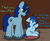 Size: 467x383 | Tagged: safe, artist:castafae, oc, oc only, oc:babbling brook, earth pony, pony, unicorn, blushing, brushing, dialogue, duo, father and child, father and daughter, female, filly, foal, male, sitting, stallion