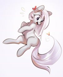 Size: 2030x2497 | Tagged: safe, artist:mirroredsea, oc, oc only, earth pony, insect, pony, bow, cute, emanata, female, hair bow, high res, looking at something, looking back, mare, ocbetes, open mouth, open smile, simple background, smiling, solo, white background