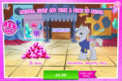 Size: 1959x1302 | Tagged: safe, gameloft, idw, chief stablemaker, earth pony, pony, g4, my little pony: magic princess, advertisement, clothes, costs real money, english, facial hair, gem, idw showified, introduction card, male, mobile game, moustache, numbers, sale, shirt, solo, stallion, text