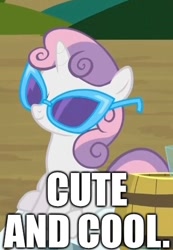 Size: 340x490 | Tagged: safe, edit, edited screencap, screencap, sweetie belle, pony, unicorn, g4, twilight time, caption, cool, cropped, cute, female, filly, foal, image macro, sitting, sunglasses, text
