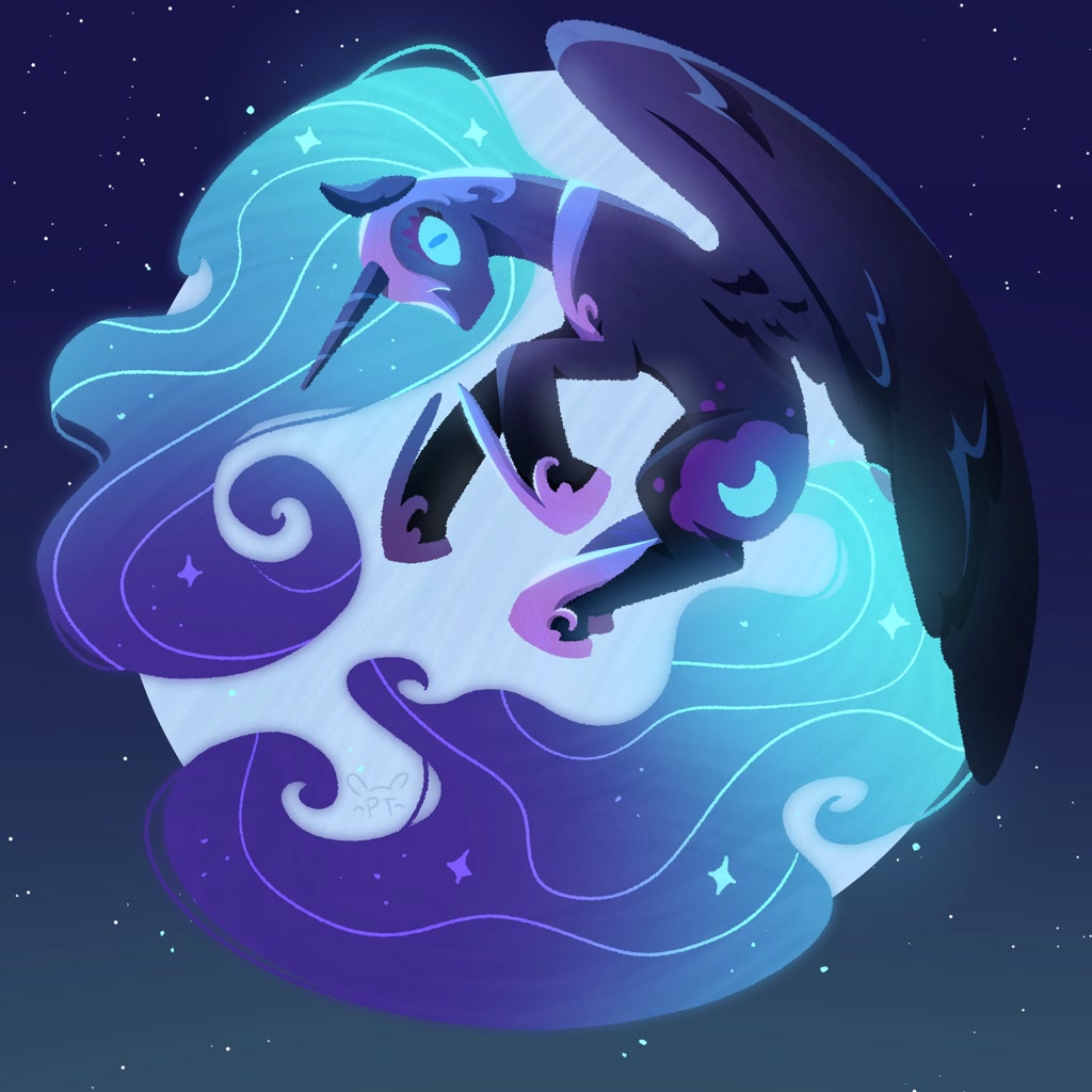 [alicorn,female,flowing mane,glowing,glowing eyes,high res,jewelry,looking at you,mare,moon,night,nightmare moon,pony,safe,solo,wings,regalia,full moon,ethereal mane,large wings,spread wings,artist:portablebunbun]