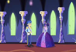 Size: 6705x4572 | Tagged: safe, artist:rainshadow, flash sentry, twilight sparkle, human, equestria girls, g4, beautiful, clothes, crown, dress, duo, duo male and female, female, gloves, gown, heart, jewelry, long gloves, male, petticoat, princess costume, regalia, ship:flashlight, shipping, straight, twilight's castle