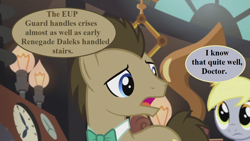 Size: 1280x720 | Tagged: safe, edit, edited screencap, editor:korora, screencap, derpy hooves, doctor whooves, time turner, earth pony, pegasus, pony, g4, slice of life (episode), doctor who, doctor whooves' lab, duo, male, speech bubble, stallion