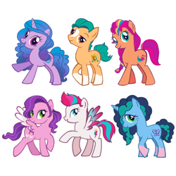 Size: 794x794 | Tagged: safe, artist:dazzle, hitch trailblazer, izzy moonbow, misty brightdawn, pipp petals, sunny starscout, zipp storm, earth pony, pegasus, pony, unicorn, g4, g5, coat markings, eyebrows, female, freckles, g5 to g4, generation leap, horn, lauren faust style, lidded eyes, looking at you, male, mane five, mane six (g5), mane stripe sunny, mare, open mouth, open smile, raised eyebrow, raised eyebrows, raised hoof, simple background, smiling, spread wings, stallion, tail, white background, wings