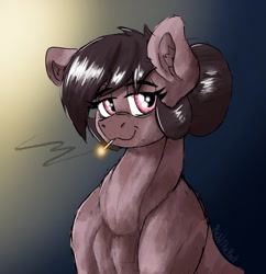 Size: 1644x1696 | Tagged: safe, artist:reddthebat, oc, oc only, oc:number nine, earth pony, pony, bust, cigarette, ear fluff, female, lidded eyes, looking at you, mare, muscles, muscular female, smiling, smiling at you, smoking, solo, sternocleidomastoid