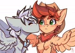 Size: 2048x1448 | Tagged: safe, artist:falafeljake, oc, oc only, oc:dark tempest, oc:kayle rustone, alicorn, pegasus, pony, alicorn oc, blushing, cheek kiss, chest fluff, cute, duo, duo male, eyebrows, eyebrows visible through hair, eyes closed, horn, kissing, male, ocbetes, pegasus oc, signature, simple background, spread wings, stallion, white background, wings
