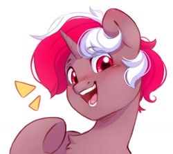 Size: 1094x971 | Tagged: safe, artist:melodylibris, oc, oc only, pony, unicorn, bust, chest fluff, emanata, eyebrows, eyebrows visible through hair, looking at you, open mouth, open smile, simple background, smiling, smiling at you, solo, underhoof, white background