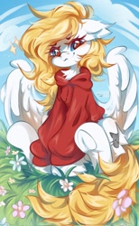 Size: 1262x2048 | Tagged: safe, artist:vanilla-chan, oc, oc only, oc:fox, pegasus, pony, clothes, commission, flower, frog (hoof), grass, hoodie, looking at you, outdoors, pegasus oc, sitting, solo, sparkles, spread wings, underhoof, wings