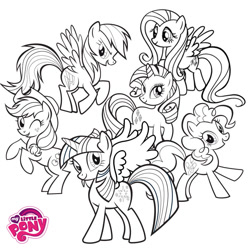 Size: 800x800 | Tagged: safe, applejack, fluttershy, pinkie pie, rainbow dash, rarity, twilight sparkle, alicorn, earth pony, pegasus, pony, unicorn, g4, official, black and white, cardboard twilight, coloring page, female, flying, grayscale, mane six, mare, monochrome, my little pony logo, open mouth, rearing, simple background, stock vector, twilight sparkle (alicorn), white background, wrong cutie mark