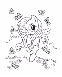Size: 2480x3100 | Tagged: safe, fluttershy, butterfly, pegasus, pony, g4, official, bipedal, black and white, coloring page, covering, female, flower, flying, grayscale, high res, mare, monochrome, no tail, outdoors, simple background, solo, white background