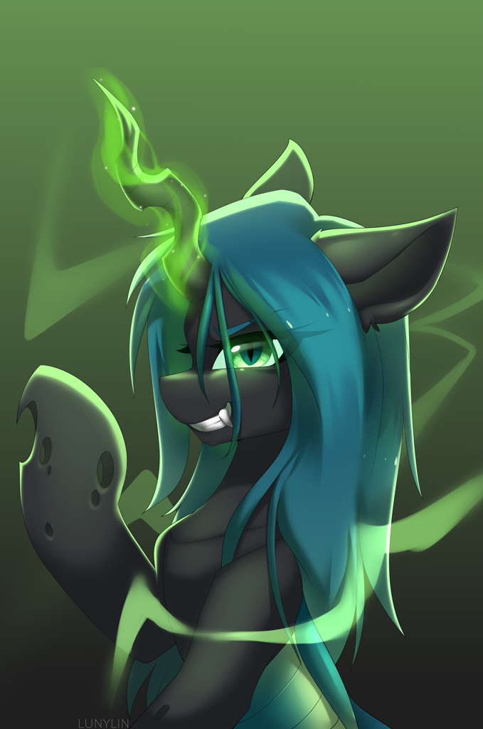 [changeling,changeling queen,evil grin,female,glowing,glowing horn,grin,horn,looking at you,magic,queen chrysalis,safe,signature,solo,gradient background,smiling,smiling at you,absurd resolution,artist:lunylin]