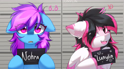 Size: 5931x3312 | Tagged: safe, artist:lunylin, oc, oc only, oc:lunylin, oc:nohra, earth pony, pegasus, pony, absurd resolution, barbie, barbie (film), barbie mugshot meme, chest fluff, colored belly, colored ear fluff, colored eartips, colored hooves, colored wings, cute, cute little fangs, duo, duo female, ear fluff, ear markings, earth pony oc, eye clipping through hair, eyebrows, eyebrows visible through hair, fangs, female, floppy ears, hair over eyes, hoof hold, looking at you, mare, meme, mugshot, name, open mouth, open smile, pegasus oc, reverse countershading, shrunken pupils, signature, smiling, smiling at you, two toned wings, wings