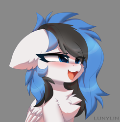 Size: 2345x2397 | Tagged: safe, artist:lunylin, oc, oc only, pegasus, pony, blushing, chest fluff, commission, cute, eye clipping through hair, eyebrows, eyebrows visible through hair, floppy ears, folded wings, gray background, high res, ocbetes, open mouth, pegasus oc, signature, simple background, solo, wings