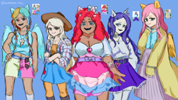 Size: 3840x2160 | Tagged: safe, artist:metaruscarlet, applejack, fluttershy, pinkie pie, rainbow dash, rarity, human, g4, accessory, alternate hairstyle, applejack's hat, clothes, cosplay, costume, cowboy hat, hat, high res, horn, humanized, jewelry, necklace, pony ears, skirt, sunglasses, wings