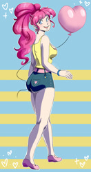Size: 791x1500 | Tagged: safe, artist:erein, pinkie pie, human, g4, alternate hairstyle, balloon, clothes, female, flats, heart, heart balloon, heart eyes, humanized, looking at you, looking back, looking back at you, pale skin, ponytail, shoes, smiling, smiling at you, solo, wingding eyes