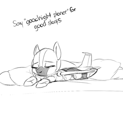 Size: 1000x1000 | Tagged: safe, artist:andromailus, oc, oc only, original species, plane pony, bed, blanket, comment bait, female, grayscale, kc-135, mare, monochrome, pillow, plane, sleeping, solo, sweet dreams fuel, text