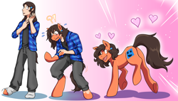 Size: 4388x2500 | Tagged: safe, artist:warlockmaru, oc, oc:robertapuddin, earth pony, human, pony, blush lines, blushing, butt, emanata, exclamation point, female, floating heart, gradient background, heart, human to pony, interrobang, mare, open mouth, open smile, plot, question mark, smiling, sweat, sweatdrops, transformation, transgender