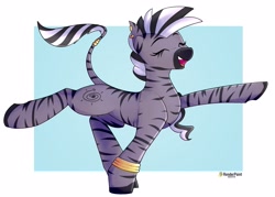 Size: 3480x2488 | Tagged: safe, artist:renderpoint, oc, oc only, zebra, ear piercing, earring, eyes closed, high res, jewelry, piercing, pose, ring, smiling, solo, tail, tail ring, zebra oc