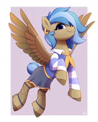Size: 1450x1800 | Tagged: safe, artist:luminousdazzle, oc, oc only, pegasus, pony, clothes, ear piercing, earring, female, flying, jewelry, mare, passepartout, pegasus oc, piercing, shirt, skirt, solo, spread wings, stockings, thigh highs, wing hole, wings
