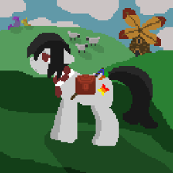 Size: 768x768 | Tagged: safe, artist:castafae, oc, oc:faint rune, earth pony, pony, sheep, female, pixel art, windmill