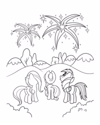 Size: 2480x3100 | Tagged: safe, applejack, fluttershy, rainbow dash, earth pony, pegasus, pony, g4, official, awe, black and white, bush, butt, coloring page, facing away, female, fireworks, folded wings, grayscale, high res, looking at something, mare, monochrome, off model, open mouth, outdoors, plot, raised hoof, standing, trio, trio female, wings