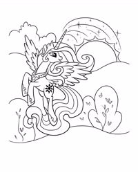 Size: 2480x3100 | Tagged: safe, princess celestia, alicorn, pony, g4, official, black and white, clothes, coloring page, female, flying, grayscale, high res, looking at something, magic, mare, monochrome, open mouth, outdoors, peytral, raising the sun, shoes, solo, sparkles, spread wings, stock vector, sun, wings