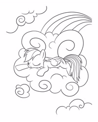 Size: 2480x3100 | Tagged: safe, rainbow dash, pegasus, pony, g4, official, black and white, cloud, coloring page, cute, dashabetes, eyes closed, female, folded wings, grayscale, high res, mare, monochrome, on a cloud, outdoors, rainbow, sleeping, sleeping on a cloud, smiling, solo, wings