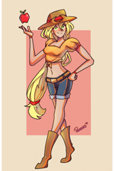Size: 1567x2351 | Tagged: safe, artist:pawzors, applejack, human, g4, apple, belly button, female, food, front knot midriff, hand on hip, humanized, looking at you, midriff, passepartout, smiling, smiling at you, solo