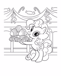 Size: 2480x3100 | Tagged: safe, pinkie pie, earth pony, pony, g4, official, banner, bipedal, black and white, carrying, coloring page, cookie, cupcake, eyes open, female, food, grayscale, high res, hoof hold, licking, licking lips, mare, monochrome, solo, stock vector, tongue out