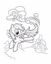 Size: 2480x3100 | Tagged: safe, rainbow dash, pegasus, pony, g4, official, black and white, cloud, coloring page, female, flying, grayscale, high res, mare, monochrome, outdoors, solo, spread wings, stock vector, wings
