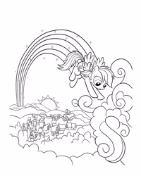 Size: 2480x3100 | Tagged: safe, rainbow dash, pegasus, pony, g4, official, black and white, cloud, coloring page, cute, dashabetes, female, flying, grayscale, high res, mare, monochrome, outdoors, ponyville, rainbow trail, smiling, solo, sun