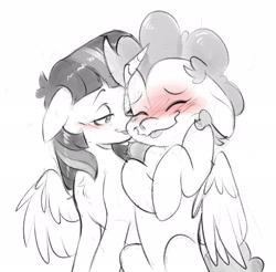 Size: 2048x2017 | Tagged: safe, artist:chub-wub, pinkie pie, twilight sparkle, alicorn, earth pony, pony, g4, blushing, cheek kiss, chest fluff, cute, duo, eyes closed, female, floppy ears, flustered, high res, hooves to the chest, hug, kissing, lesbian, lidded eyes, mare, partial color, ship:twinkie, shipping, sitting, sketch, smiling, tongue out, turned head, twilight sparkle (alicorn), wavy mouth, winghug, wings