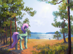 Size: 2005x1500 | Tagged: safe, artist:koviry, oc, oc only, pegasus, pony, commission, female, forest, lake, looking at you, looking back, looking back at you, mare, pegasus oc, raised hoof, scenery, smiling, smiling at you, solo focus, water, ych result