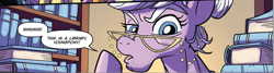 Size: 1585x423 | Tagged: safe, artist:tonyfleecs, idw, official comic, earth pony, pony, from the shadows, g4, spoiler:comic, spoiler:comic51, archive edition, book, bookshelf, comic, cropped, elderly, female, glasses, librarian, library, mare, speech bubble