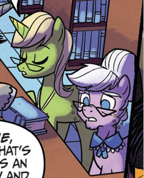Size: 317x392 | Tagged: safe, artist:tonyfleecs, idw, official comic, bright report, earth pony, pony, unicorn, from the shadows, g4, spoiler:comic, spoiler:comic51, archive edition, book, bookshelf, comic, cropped, elderly, female, glasses, librarian, library, mare, speech bubble