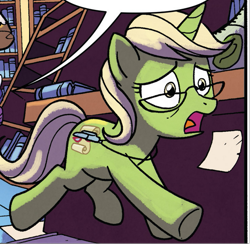 Size: 637x622 | Tagged: safe, artist:tonyfleecs, idw, official comic, bright report, earth pony, pony, from the shadows, g4, spoiler:comic, spoiler:comic52, book, bookshelf, comic, cropped, female, glasses, librarian, library, mare