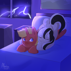 Size: 3000x3000 | Tagged: safe, artist:merisa, oc, oc only, oc:renown composition, oc:solar spark, earth pony, pony, unicorn, fanfic:third wheel, bed, dark, dresser, duo, earth pony oc, eyes closed, female, high res, horn, lightning, lying down, lying on bed, lying on top of someone, male, mare, on bed, pillow, rain, smiling, stallion, storm, straight, unicorn oc, window