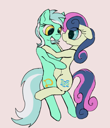 Size: 1500x1750 | Tagged: safe, artist:riskypony, bon bon, lyra heartstrings, sweetie drops, earth pony, pony, unicorn, g4, duo, female, lesbian, love, ship:lyrabon, shipping, simple background, tail