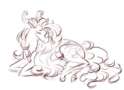 Size: 1205x878 | Tagged: safe, artist:melodylibris, oc, oc only, pony, eyes closed, horns, lying down, monochrome, prone, simple background, sketch, solo, white background