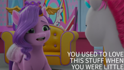 Size: 2000x1125 | Tagged: safe, edit, edited screencap, editor:quoterific, screencap, pipp petals, zipp storm, pegasus, pony, g5, my little pony: make your mark, my little pony: make your mark chapter 2, portrait of a princess, spoiler:g5, dialogue, duo, female, mane melody (location), mare, royal sisters (g5), siblings, sisters