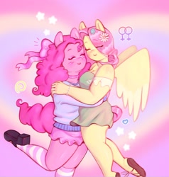 Size: 1620x1703 | Tagged: safe, artist:strwbunby, fluttershy, pinkie pie, earth pony, pegasus, anthro, plantigrade anthro, g4, bow, bracelet, clothes, dress, duo, eyes closed, female, flower, flower in hair, hair bow, hug, jewelry, lesbian, sandals, ship:flutterpie, shipping, skirt, socks, striped socks, sweater