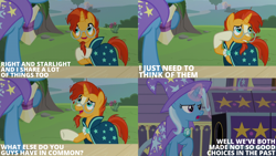 Size: 2000x1125 | Tagged: safe, edit, edited screencap, editor:quoterific, screencap, sunburst, trixie, pony, unicorn, g4, uncommon bond, cape, clothes, female, male, mare, stage, stallion