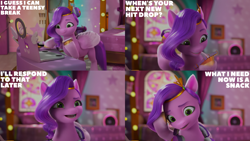 Size: 2000x1125 | Tagged: safe, edit, edited screencap, editor:quoterific, screencap, pipp petals, pegasus, pony, g5, izzy does it, my little pony: make your mark, my little pony: make your mark chapter 2, spoiler:g5, spoiler:my little pony: make your mark, cellphone, coat markings, comic, computer, crystal brighthouse, dialogue, female, folded wings, headphones, laptop computer, mare, phone, ring light, screencap comic, smartphone, socks (coat markings), solo, stained glass, unshorn fetlocks, wings