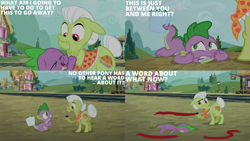 Size: 2000x1125 | Tagged: safe, edit, edited screencap, editor:quoterific, screencap, granny smith, spike, dragon, earth pony, pony, g4, just for sidekicks, train station, train tracks