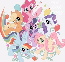 Size: 2048x1959 | Tagged: safe, artist:mame_0701, applejack, fluttershy, pinkie pie, rainbow dash, rarity, twilight sparkle, earth pony, pegasus, pony, unicorn, g4, apple, balloon, confetti, food, mane six, rainbow trail, unicorn twilight