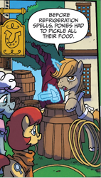 Size: 538x945 | Tagged: safe, artist:tony fleecs, idw, official comic, prancy drew, earth pony, pony, from the shadows, g4, spoiler:comic, spoiler:comic52, barrel, braces, colonial williamsburg, comic, cropped, female, girdle growler, hammer, historical reenactment, male, mare, miss grace, speech bubble, stallion