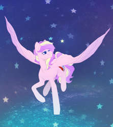 Size: 3553x4000 | Tagged: safe, artist:dreamyrat, oc, oc only, pegasus, pony, blonde mane, blue eyes, commission, female, mare, open mouth, open smile, pegasus oc, purple mane, raised hoof, smiling, solo, space, spread wings, standing, stars, tail, two toned mane, two toned tail, wings, yellow mane