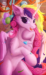 Size: 2204x3581 | Tagged: safe, artist:pixel mint, princess cadance, alicorn, pony, g4, balloon, belly, bracelet, chest fluff, concave belly, curly mane, curly tail, female, fluffy, high res, hoof under chin, jewelry, mare, necklace, party, solo, sternocleidomastoid, tail