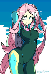 Size: 458x661 | Tagged: safe, artist:tyuubatu, fluttershy, human, equestria girls, g4, arched back, arm behind head, breasts, busty fluttershy, clothes, one eye closed, swimsuit, wetsuit